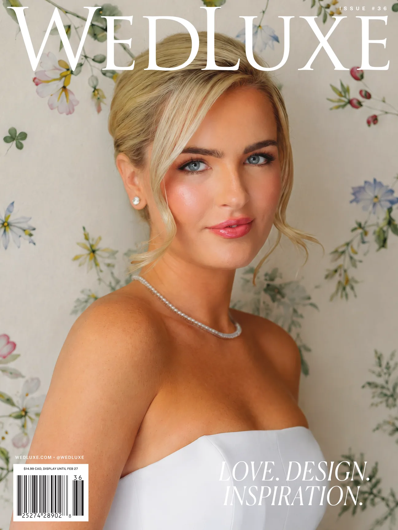 Cover of WedLuxe Issue 36 featuring a bride against a floral backdrop