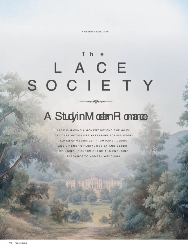 The Lace Society title page from WedLuxe Issue 36 with blue floral artwork