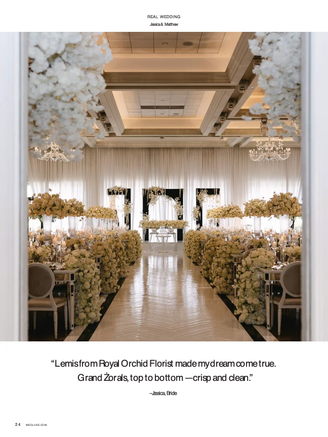 Real Wedding title page showing an opulent white floral reception and mirrored aisle in WedLuxe Issue 36