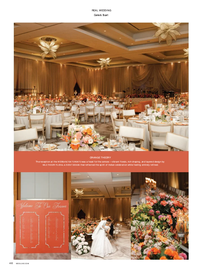 Real Wedding title page showing a coral and orange floral reception in WedLuxe Issue 36